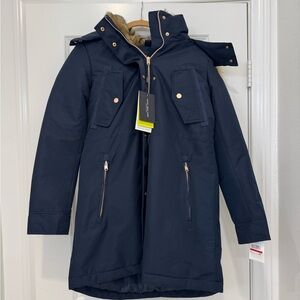 Andrew Marc Blue Faux Fur Fortuna Drawstring Waist Long Parka Jacket